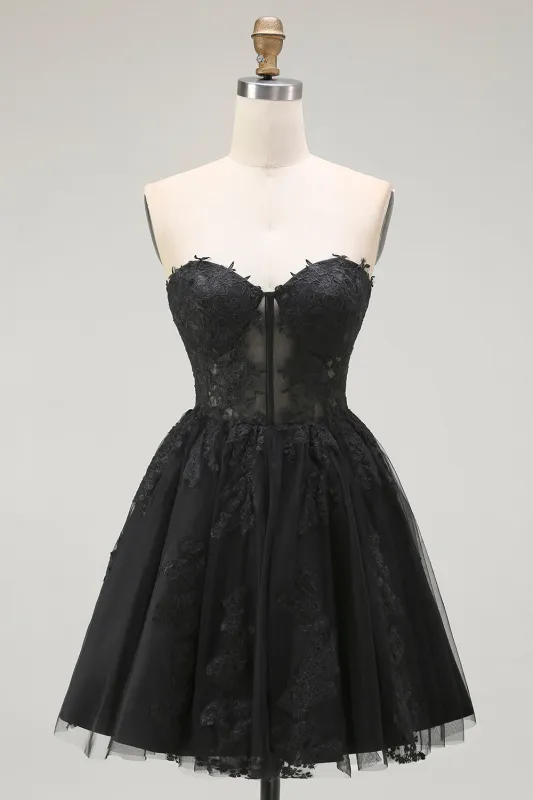 Black A Line Sweetheart Appliqued Sheer Corset Short Homecoming Dress sold by Zapaka