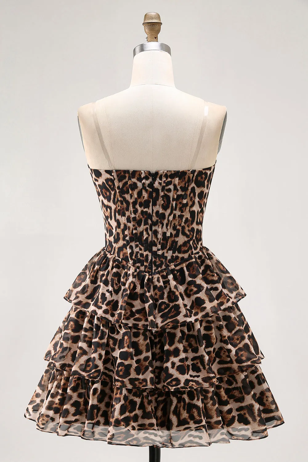Brown Leopard A-Line Sweetheart Corset Tiered Ruffle Homecoming Dress sold by Zapaka product image thumbnail 2