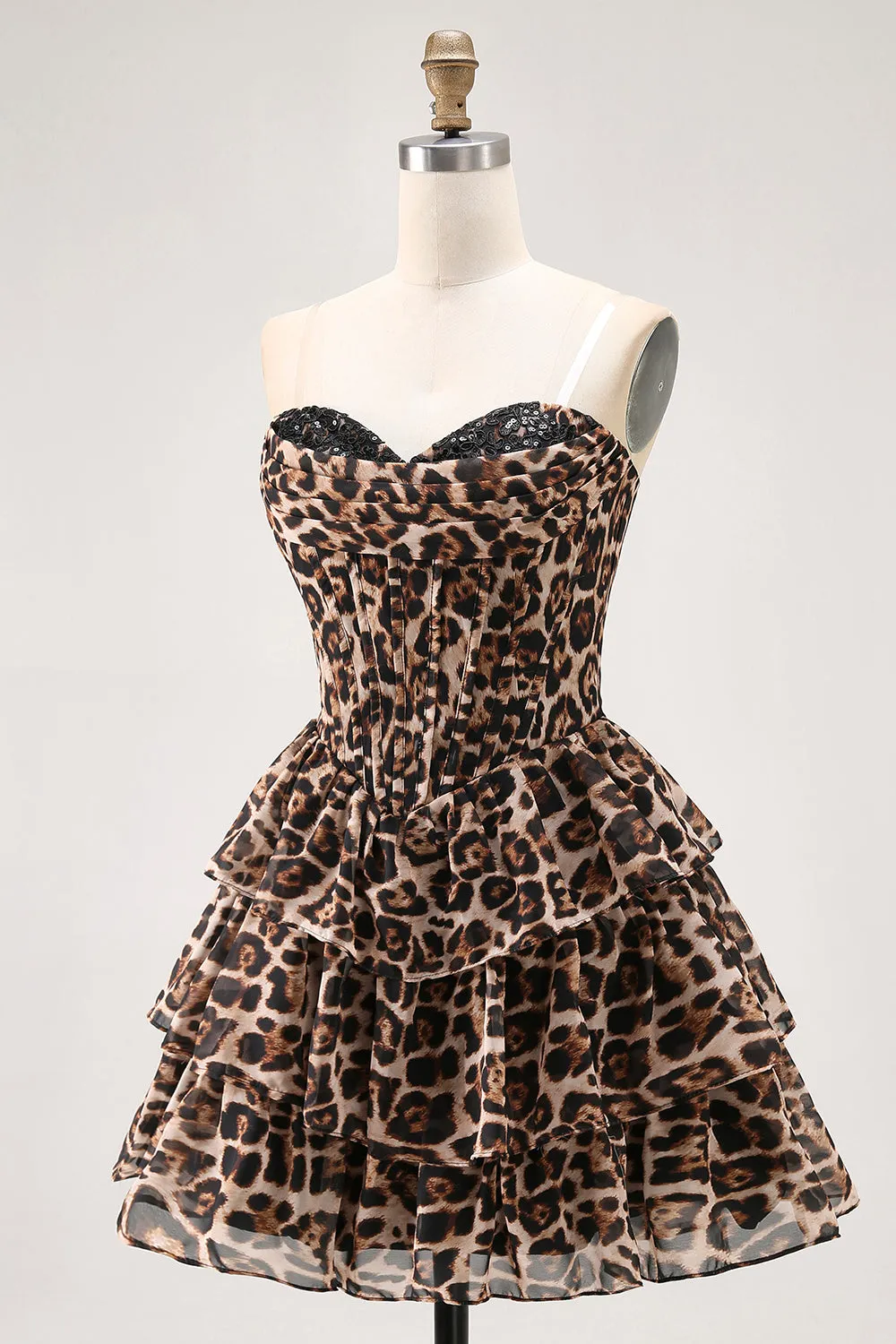 Brown Leopard A-Line Sweetheart Corset Tiered Ruffle Homecoming Dress sold by Zapaka product image thumbnail 3