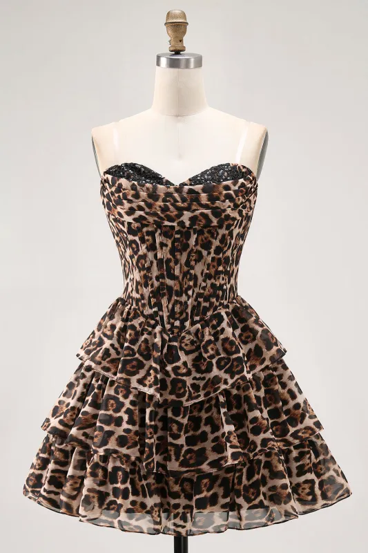 Brown Leopard A-Line Sweetheart Corset Tiered Ruffle Homecoming Dress sold by Zapaka