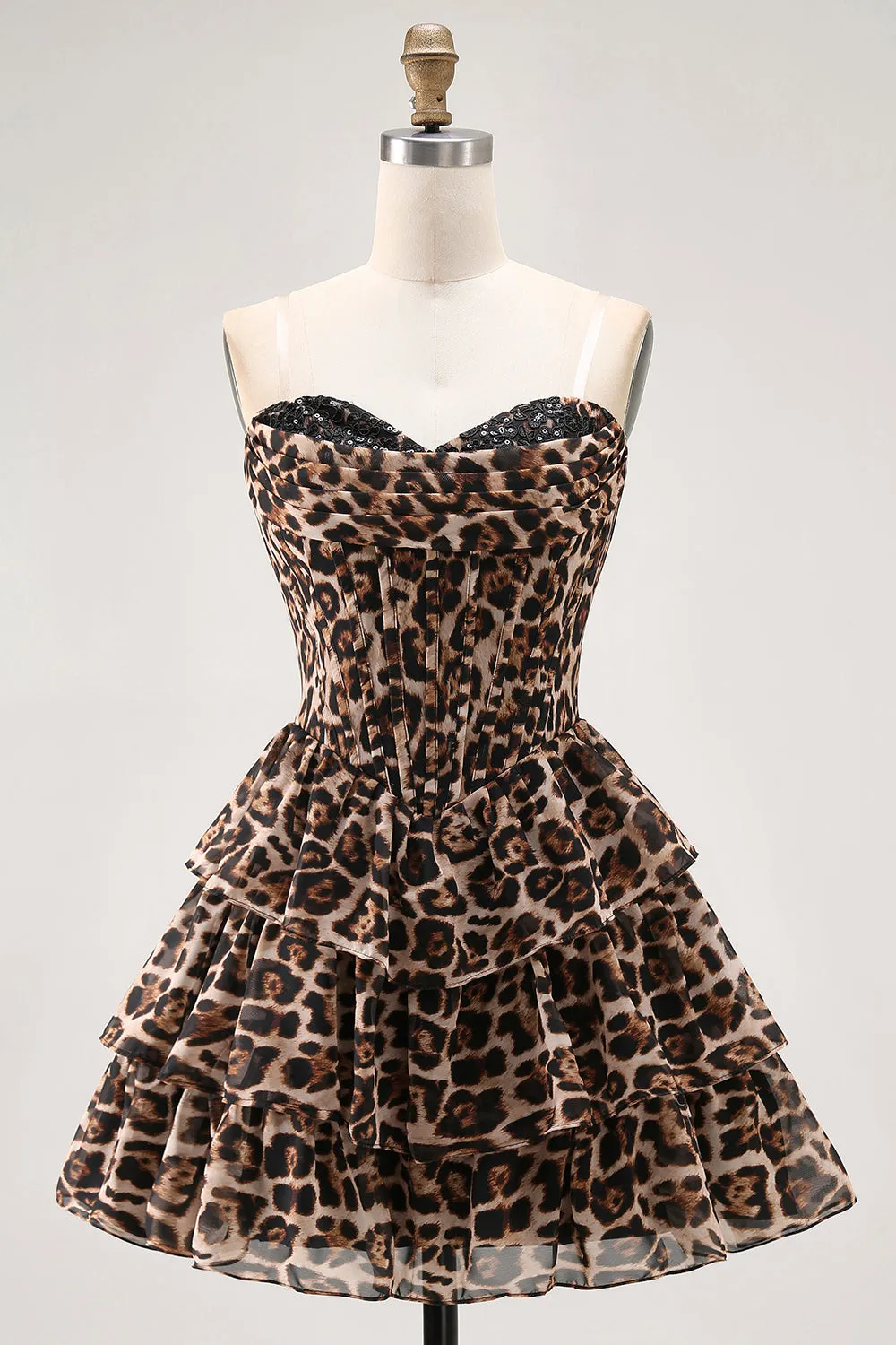 Brown Leopard A-Line Sweetheart Corset Tiered Ruffle Homecoming Dress sold by Zapaka