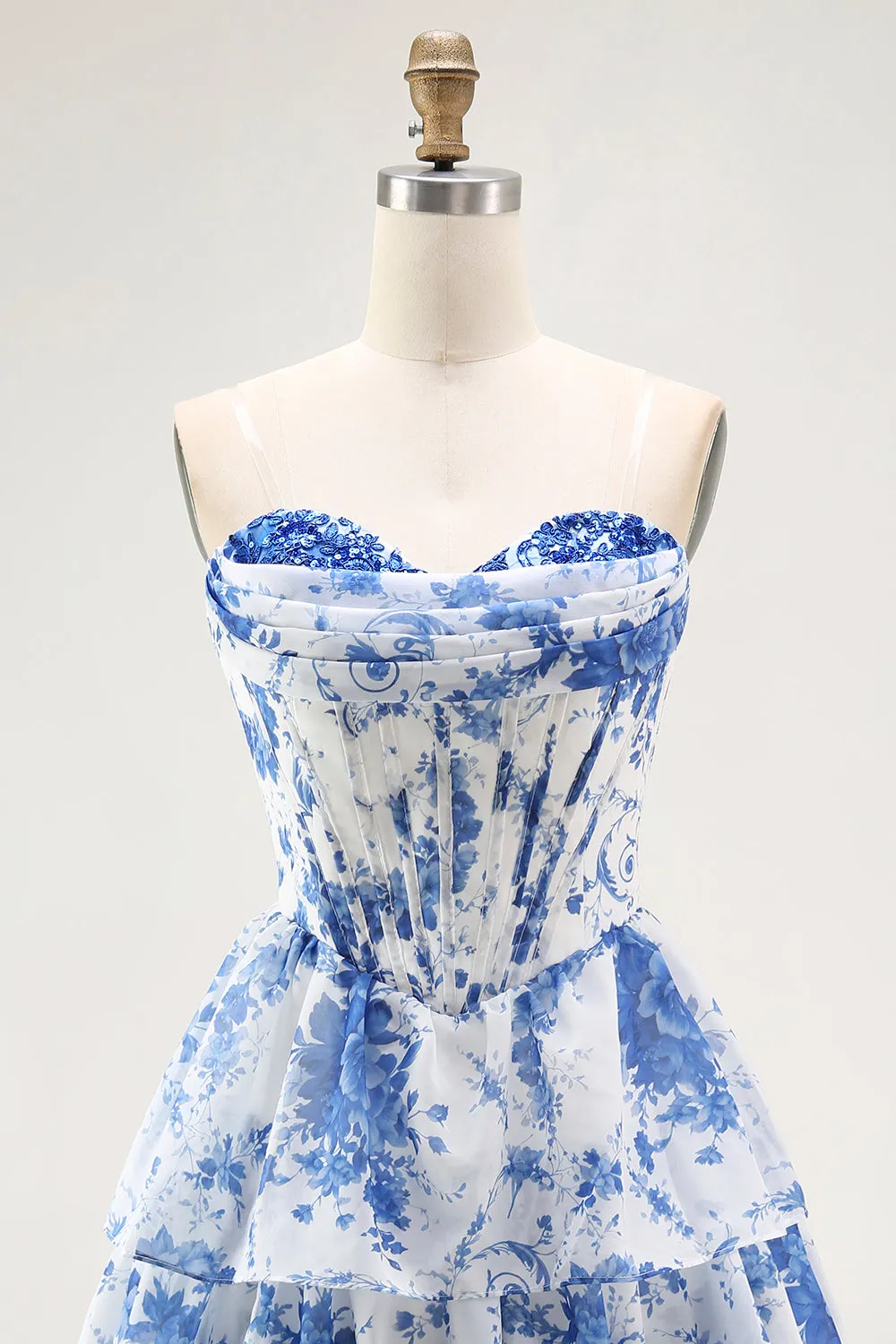 Strapless White Blue Flower Corset A-Line Tiered Ruffle Homecoming Dress sold by Zapaka product image thumbnail 4