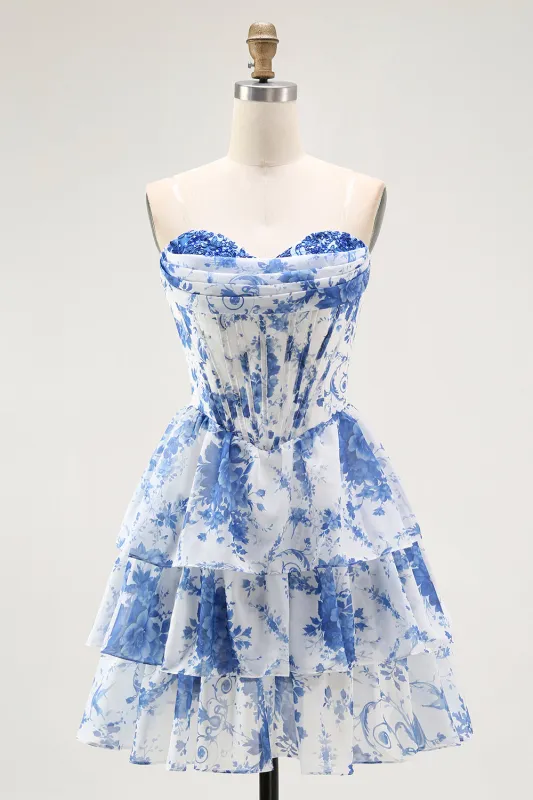 Strapless White Blue Flower Corset A-Line Tiered Ruffle Homecoming Dress sold by Zapaka
