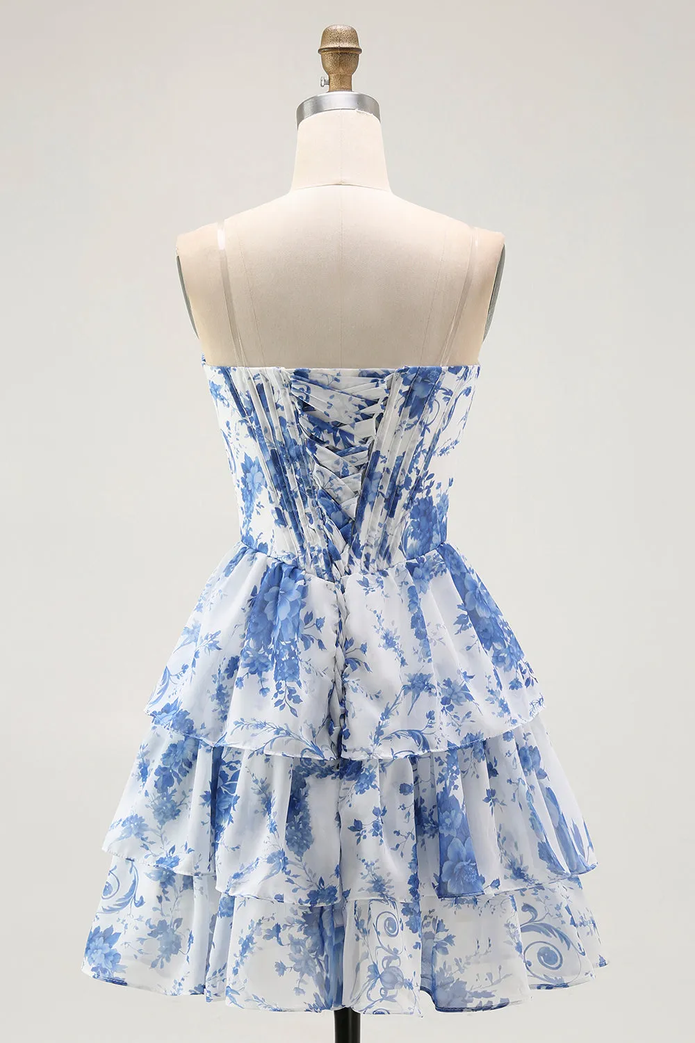 Strapless White Blue Flower Corset A-Line Tiered Ruffle Homecoming Dress sold by Zapaka product image thumbnail 2