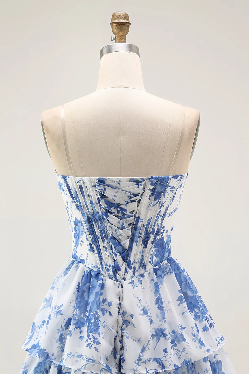 Strapless White Blue Flower Corset A-Line Tiered Ruffle Homecoming Dress sold by Zapaka product image thumbnail 5