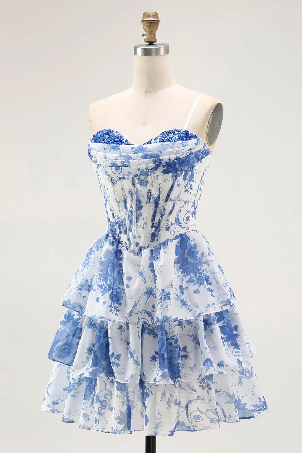 Strapless White Blue Flower Corset A-Line Tiered Ruffle Homecoming Dress sold by Zapaka product image thumbnail 3