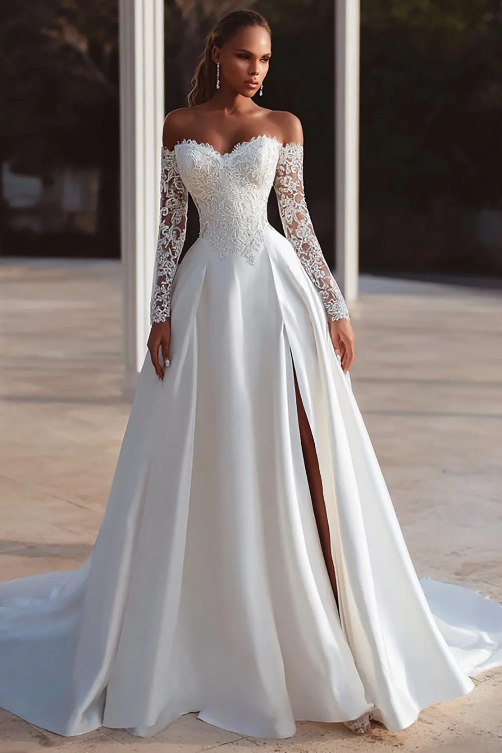 Off The Shoulder Ivory A Line Wedding Dress with Lace sold by Zapaka