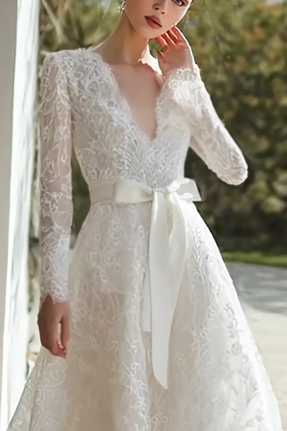 Lace Ivory V-Neck Long Sleeves Wedding Dress with Belt sold by Zapaka product image thumbnail 2