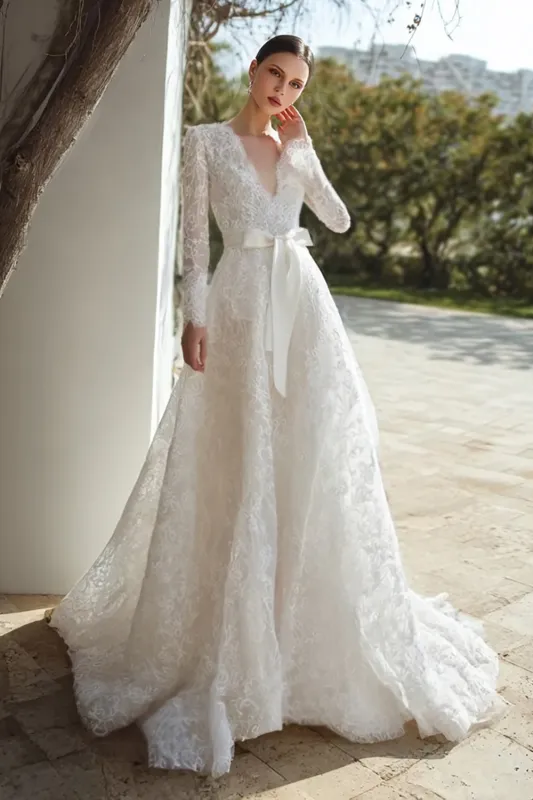 Lace Ivory V-Neck Long Sleeves Wedding Dress with Belt sold by Zapaka