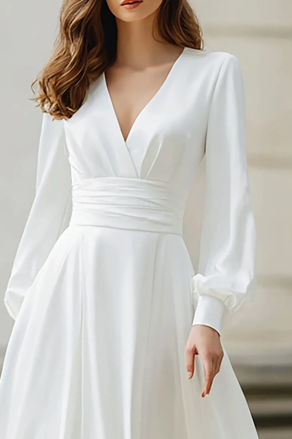 Ivory V-Neck A Line Long Sleeves Wedding Dress sold by Zapaka product image thumbnail 2