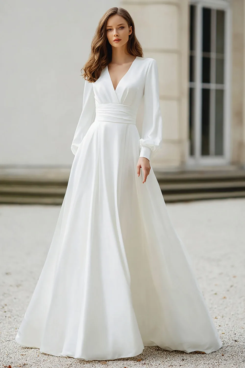 Ivory V-Neck A Line Long Sleeves Wedding Dress sold by Zapaka