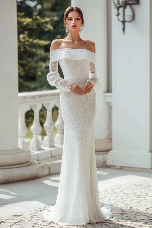 Off The Shoulder Ivory Sheath Long Sleeves Wedding Dress sold by Zapaka