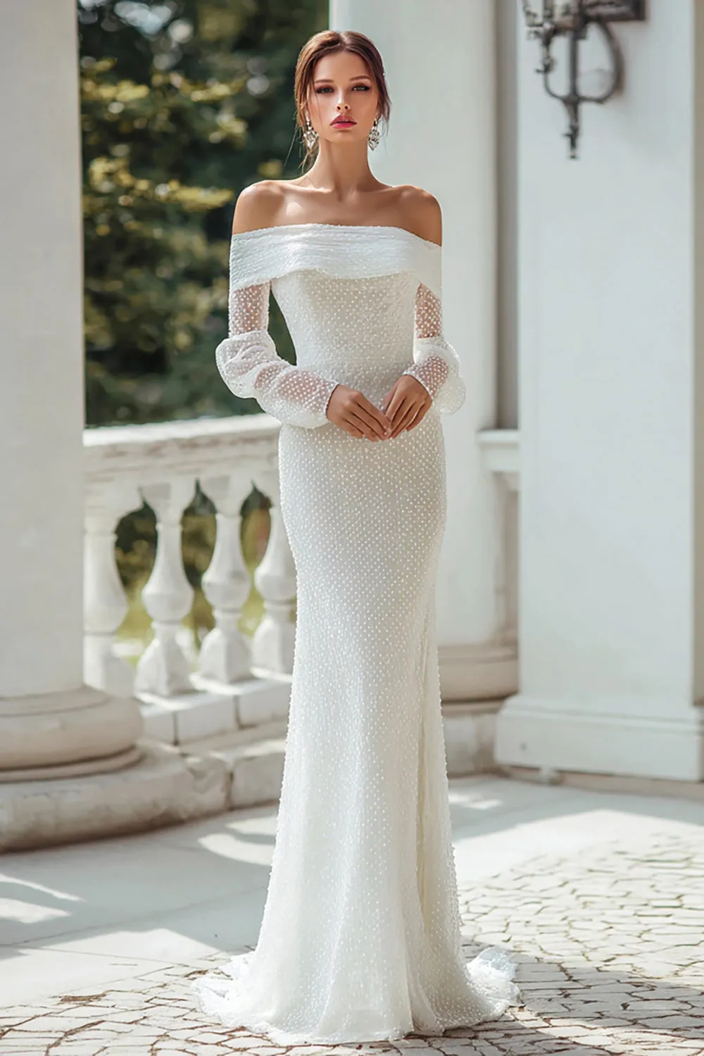 Off The Shoulder Ivory Sheath Long Sleeves Wedding Dress sold by Zapaka