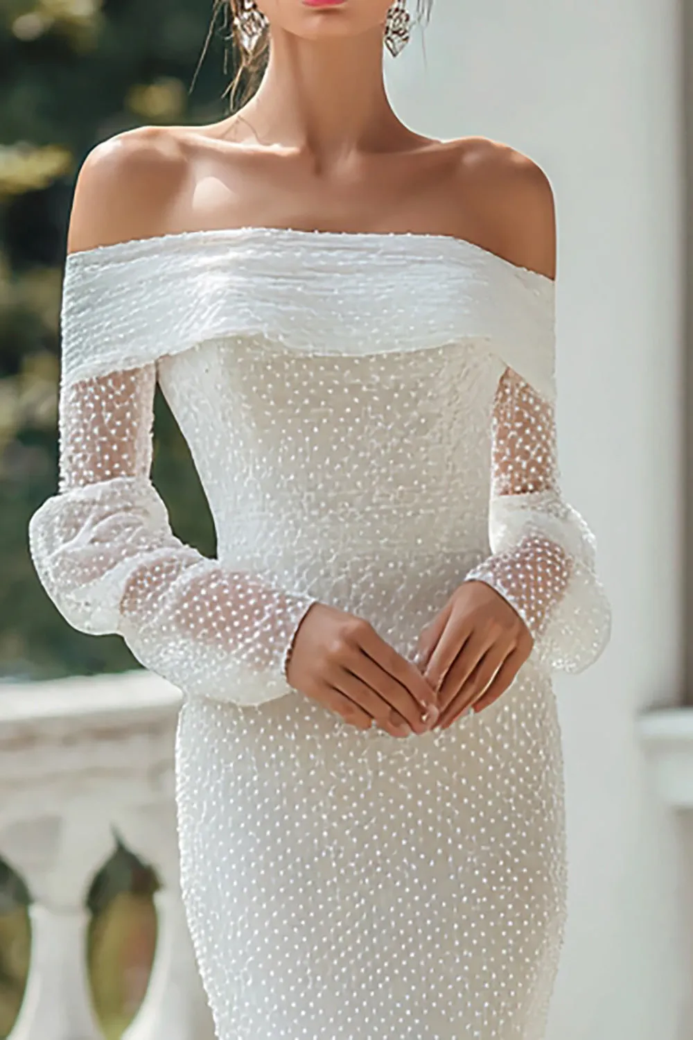 Off The Shoulder Ivory Sheath Long Sleeves Wedding Dress sold by Zapaka product image thumbnail 2