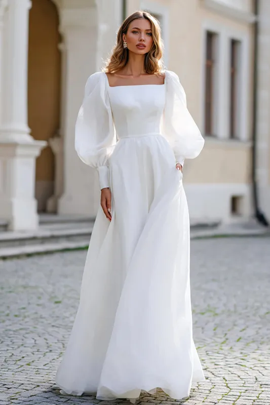 Ivory Square Neck Long Sleeves A Line Wedding Dress sold by Zapaka