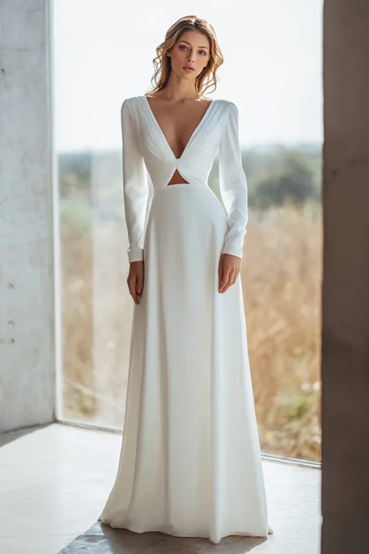 Ivory Cut Out A Line Long Sleeves Wedding Dress sold by Zapaka