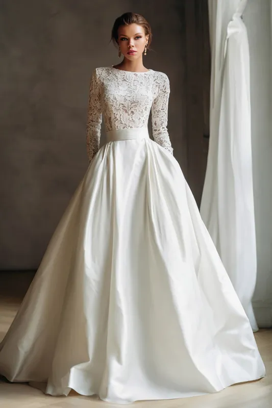 Ivory Boat Neck Long Sleeves A Line Wedding Dress with Lace sold by Zapaka