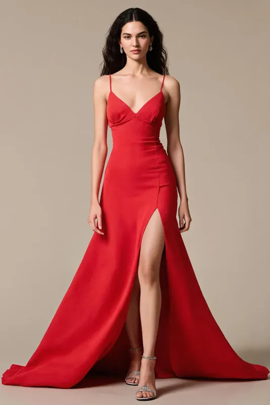 Red Satin A-Line Spaghetti Straps Long Evening Dress with Slit sold by Zapaka