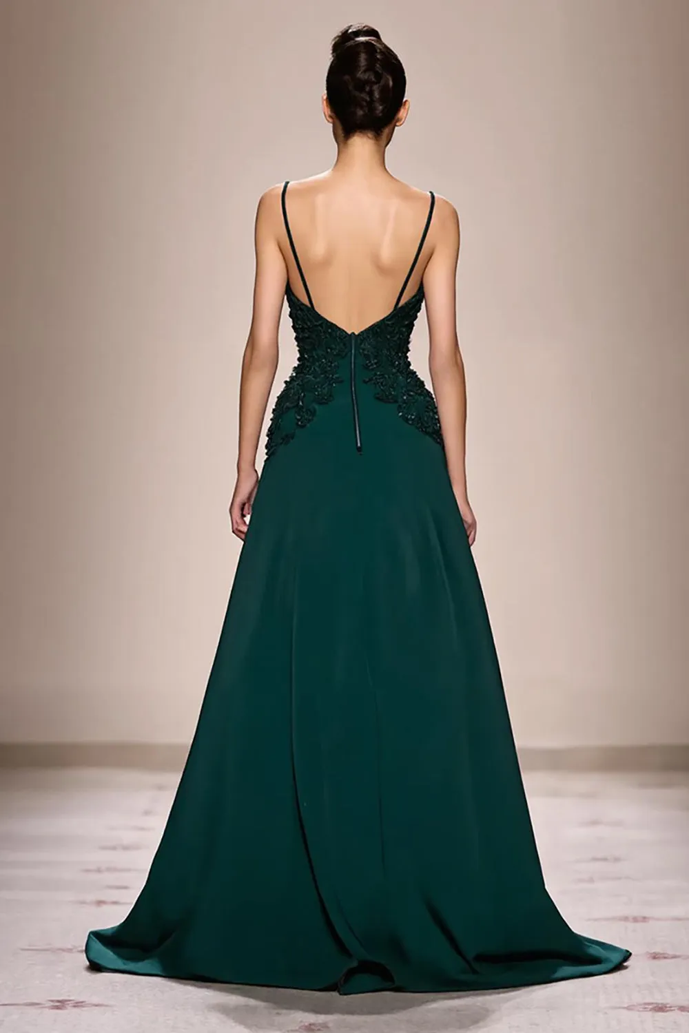 Dark Green A-Line Satin Ruched Long Evening Dress with Appliques sold by Zapaka product image thumbnail 2