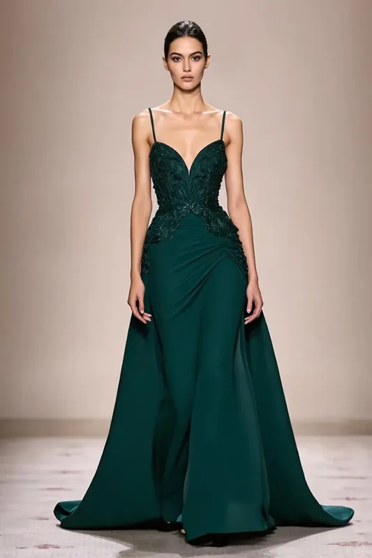 Dark Green A-Line Satin Ruched Long Evening Dress with Appliques sold by Zapaka