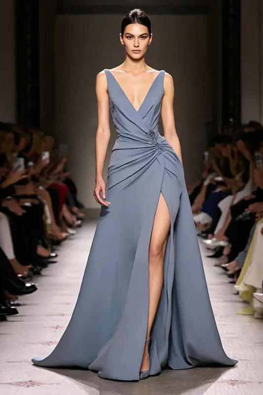 Grey Blue Satin A-Line Ruched V-Neck Long Evening Dress with Slit sold by Zapaka