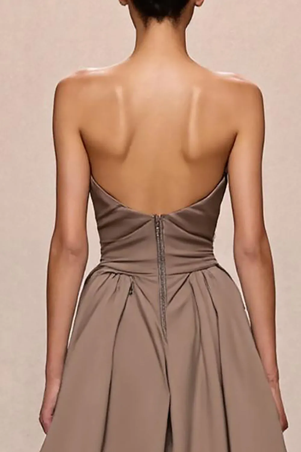 Coffee Satin A-Line Ruched Strapless Long Evening Dress sold by Zapaka product image thumbnail 4