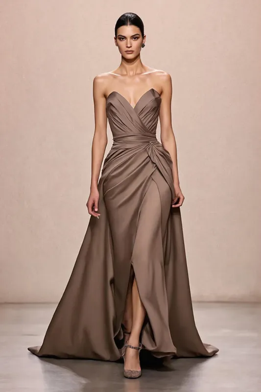Coffee Satin A-Line Ruched Strapless Long Evening Dress sold by Zapaka