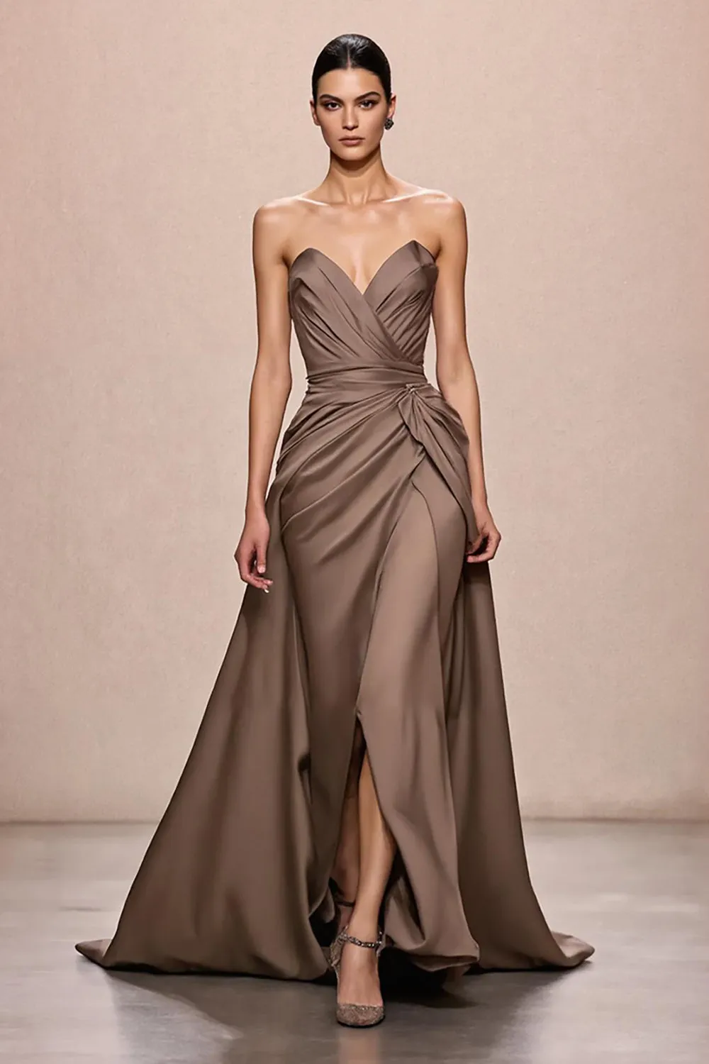 Coffee Satin A-Line Ruched Strapless Long Evening Dress sold by Zapaka