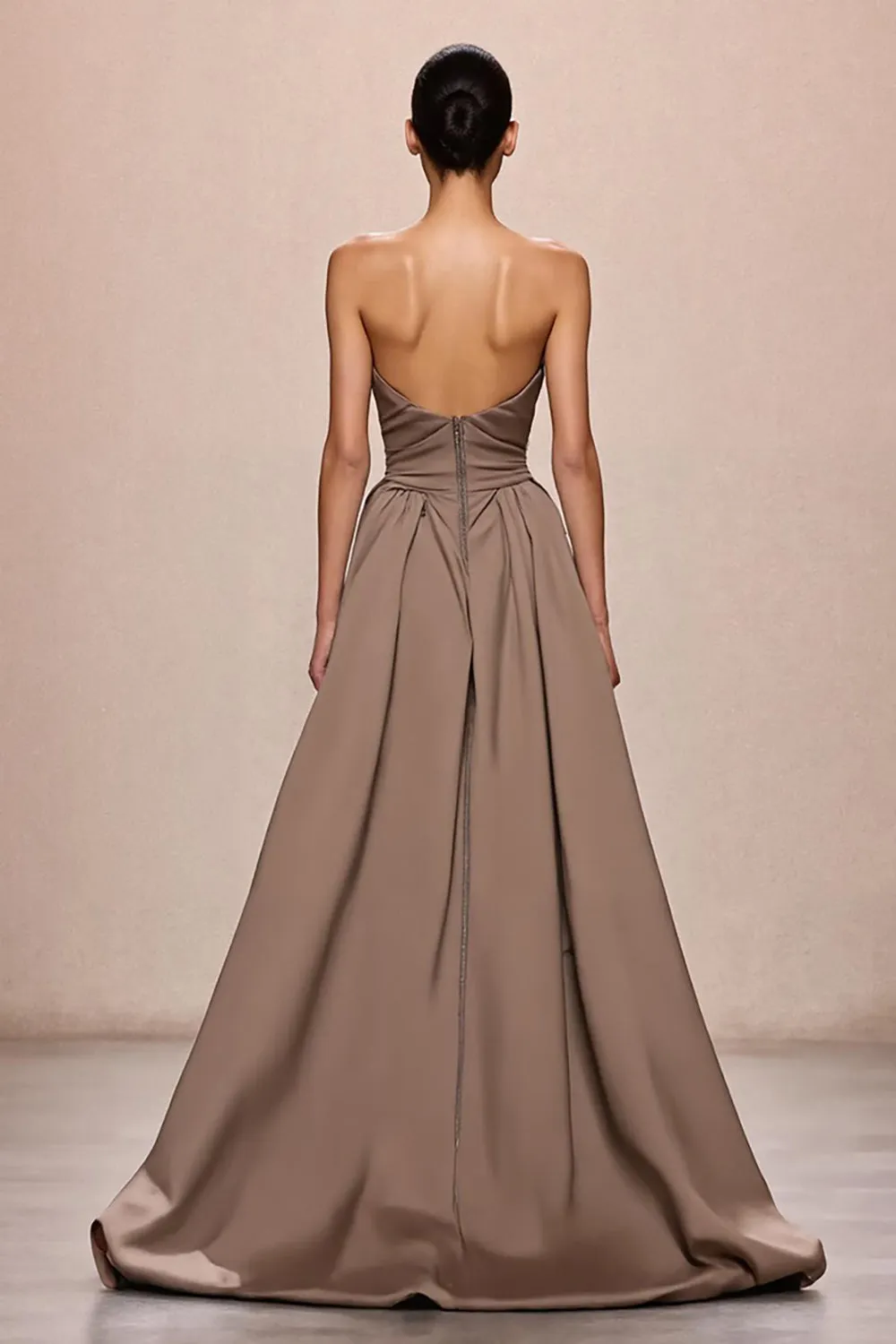 Coffee Satin A-Line Ruched Strapless Long Evening Dress sold by Zapaka product image thumbnail 2