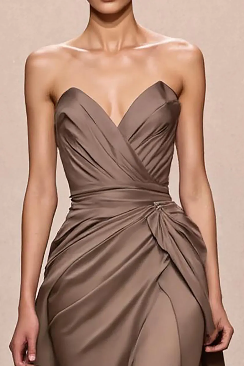 Coffee Satin A-Line Ruched Strapless Long Evening Dress sold by Zapaka product image thumbnail 3