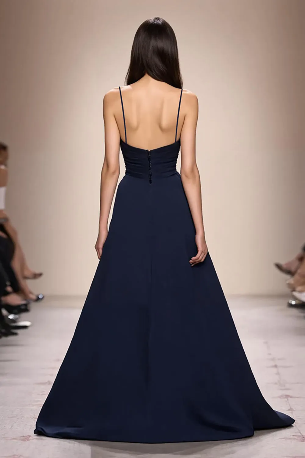 Dark Blue A-Line Ruched Spaghetti Straps Long Evening Dress sold by Zapaka product image thumbnail 2