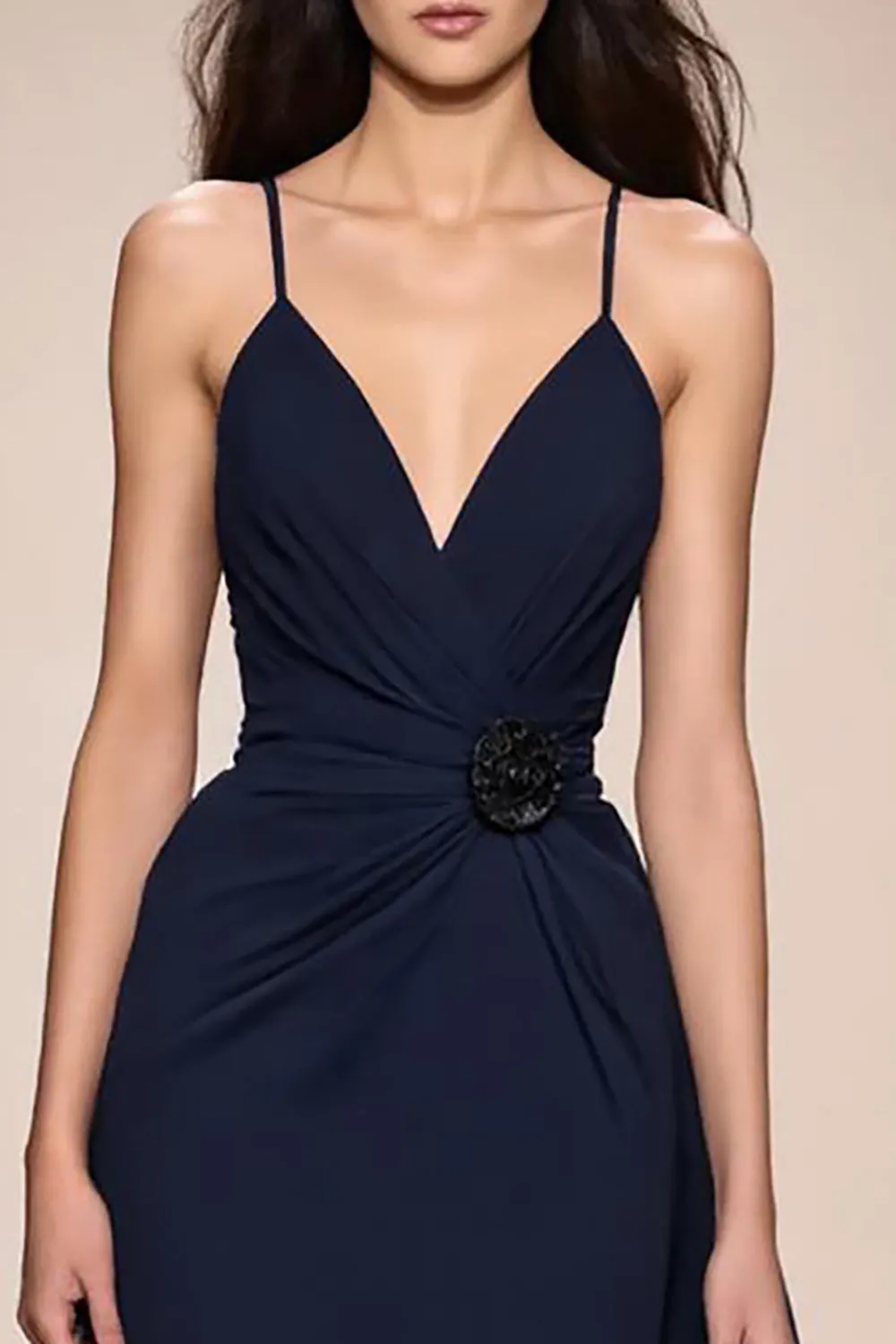 Dark Blue A-Line Ruched Spaghetti Straps Long Evening Dress sold by Zapaka product image thumbnail 3