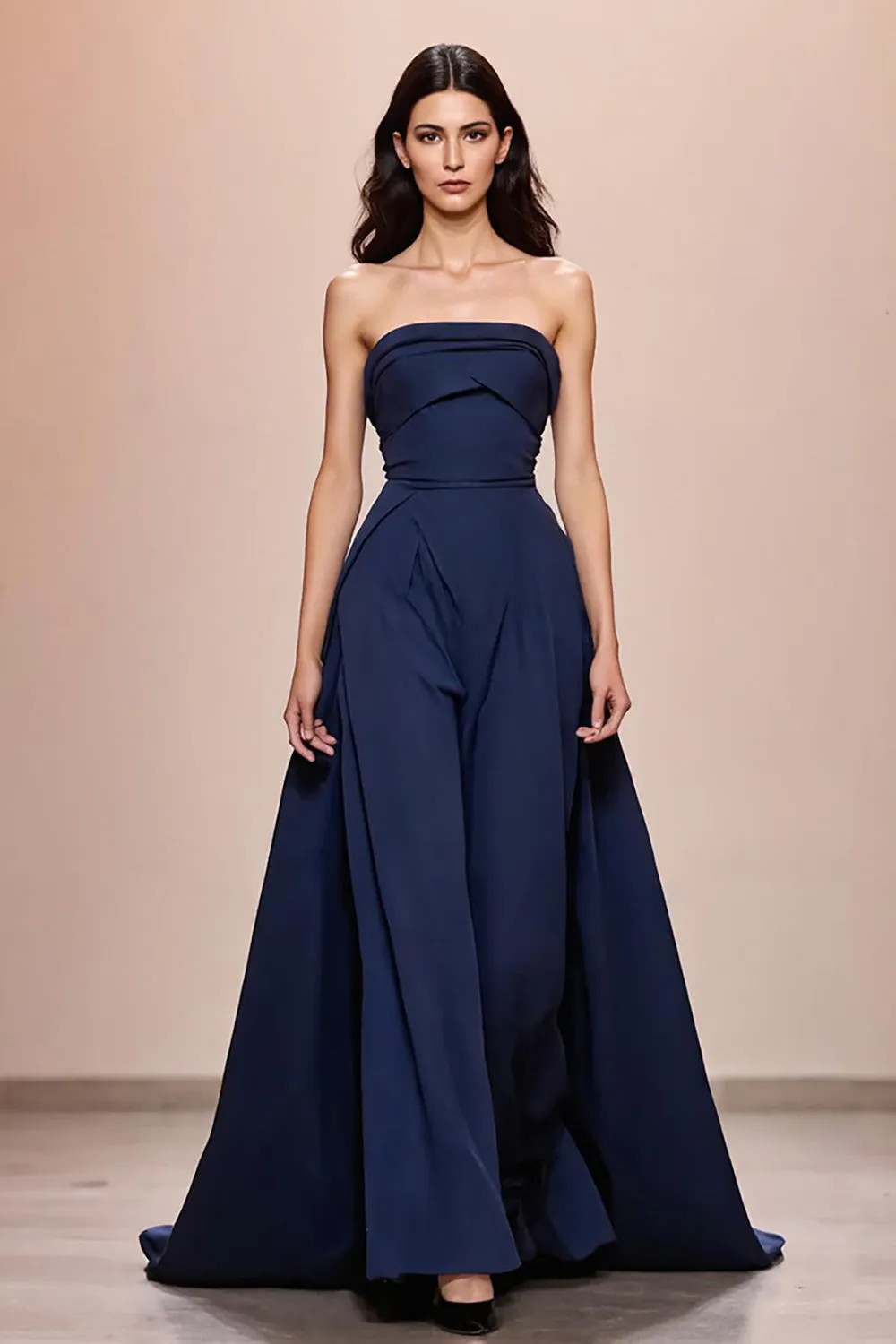 Dark Blue A-Line Satin Strapless Long Evening Dress sold by Zapaka