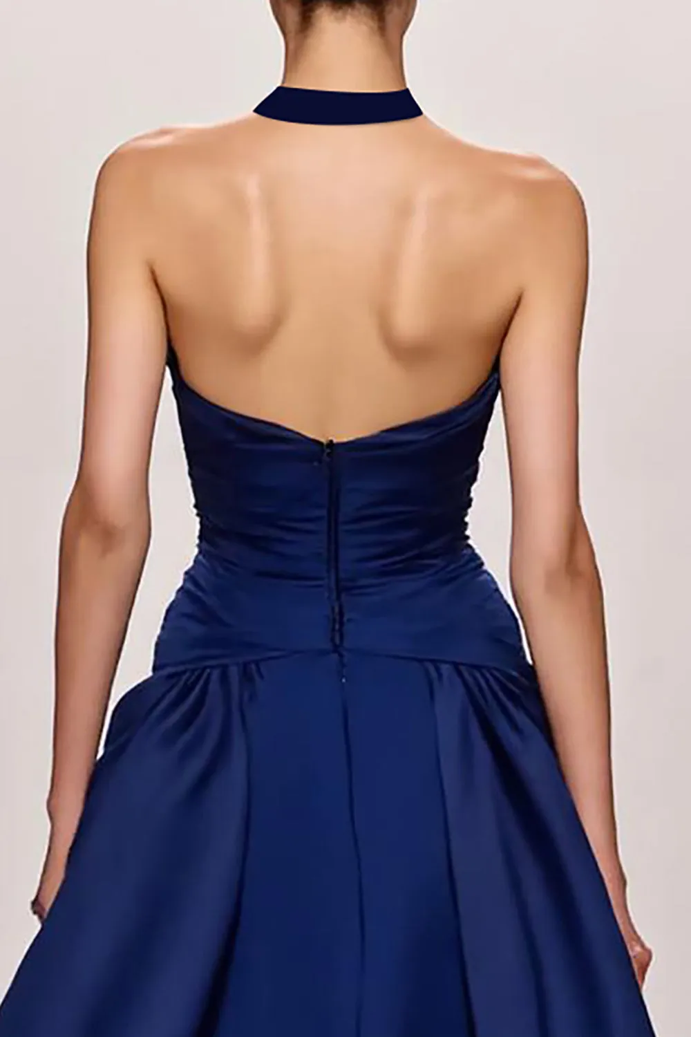 Dark Blue A-Line Satin Halter Ruched Long Evening Dress with Slit sold by Zapaka product image thumbnail 4