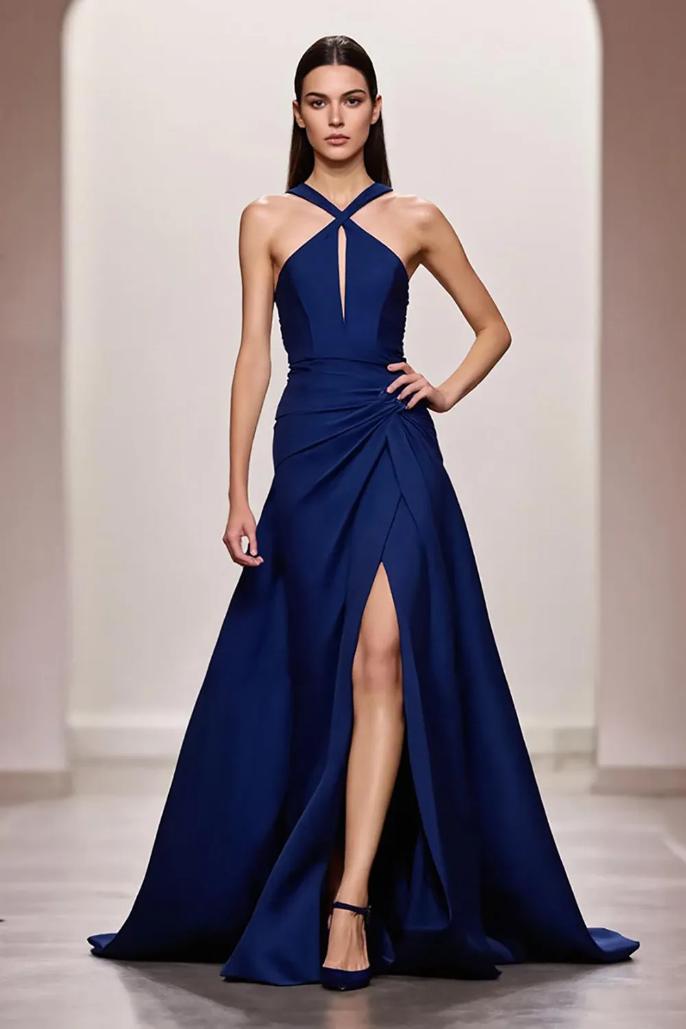 Dark Blue A-Line Satin Halter Ruched Long Evening Dress with Slit sold by Zapaka