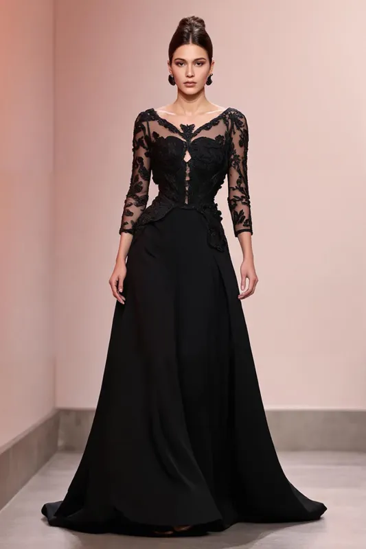 Black A-Line Appliqued Long Evening Dress with Lace sold by Zapaka