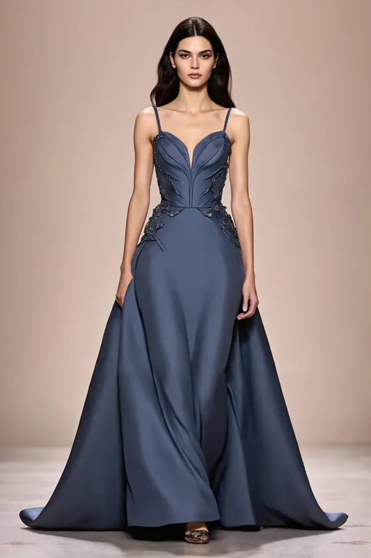 Grey Blue A-Line Satin Spaghetti Straps Long Evening Dress with Appliques sold by Zapaka