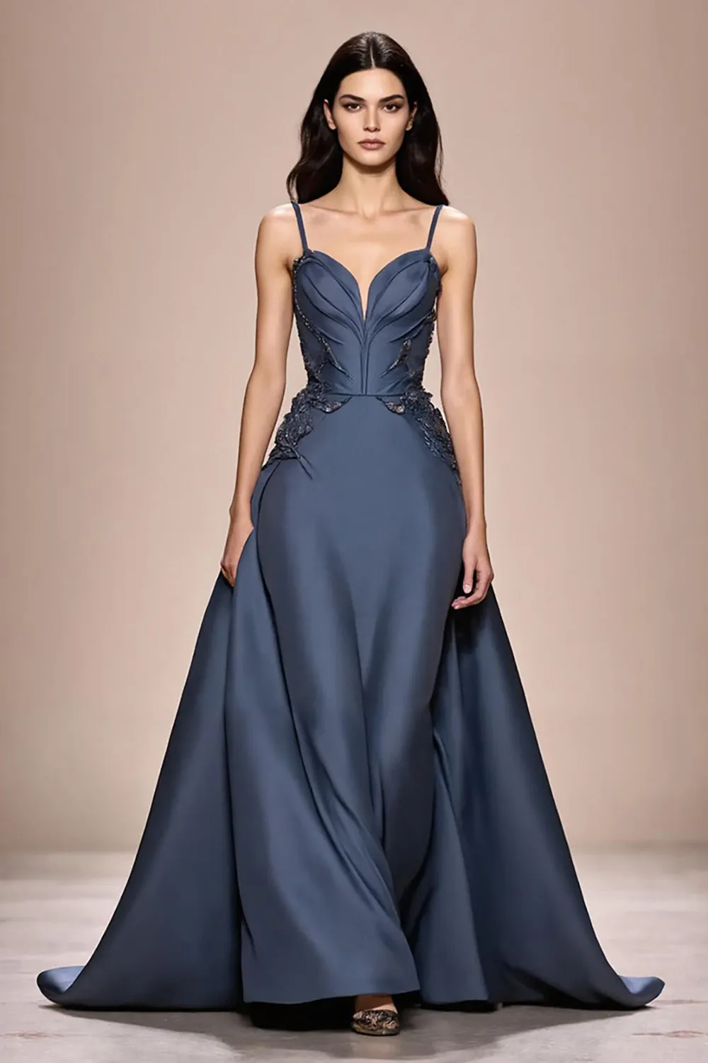 Grey Blue A-Line Satin Spaghetti Straps Long Evening Dress with Appliques sold by Zapaka