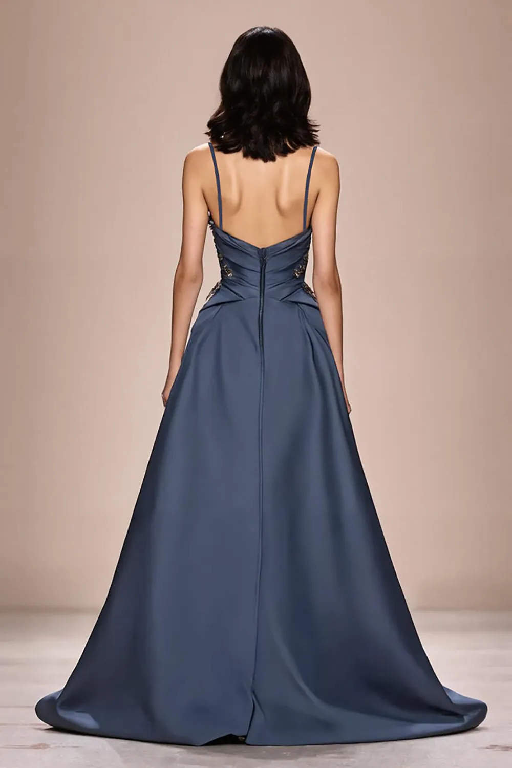 Grey Blue A-Line Satin Spaghetti Straps Long Evening Dress with Appliques sold by Zapaka product image thumbnail 2