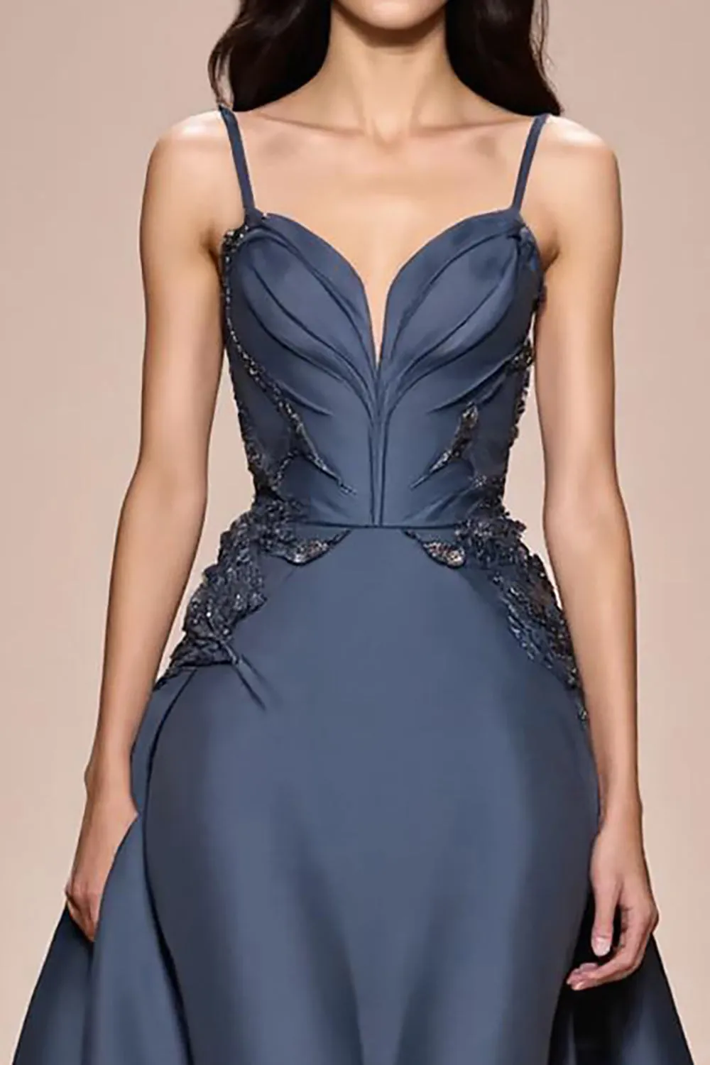 Grey Blue A-Line Satin Spaghetti Straps Long Evening Dress with Appliques sold by Zapaka product image thumbnail 3