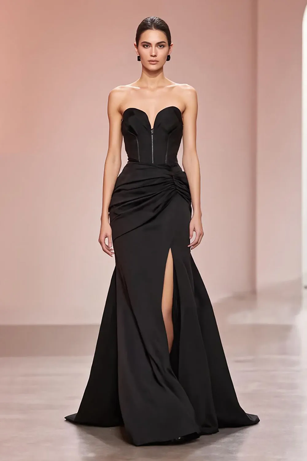 Black Mermaid Satin Strapless Long Evening Dress with Slit sold by Zapaka