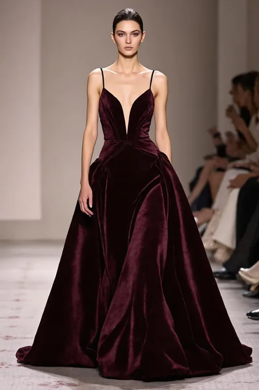 Burgundy Velvet A-Line Spaghetti Straps Evening Dress sold by Zapaka