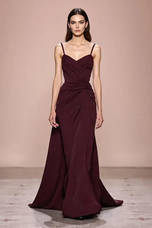 Dark Red Sheath Ruched Spaghetti Straps Long Evening Dress sold by Zapaka