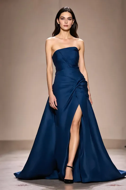 Dark Blue Strapless A-Line Ruched Long Evening Dress with Slit sold by Zapaka