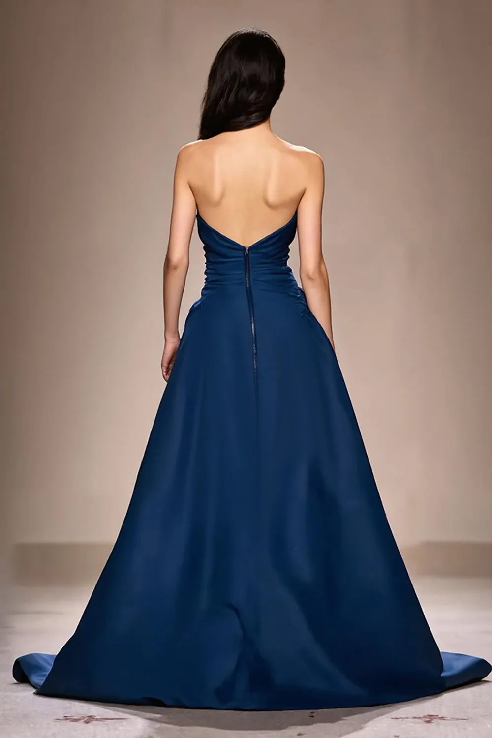 Dark Blue Strapless A-Line Ruched Long Evening Dress with Slit sold by Zapaka product image thumbnail 2