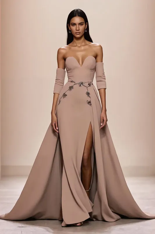 Champagne Sweetheart Appliques Evening Dress with Slit sold by Zapaka