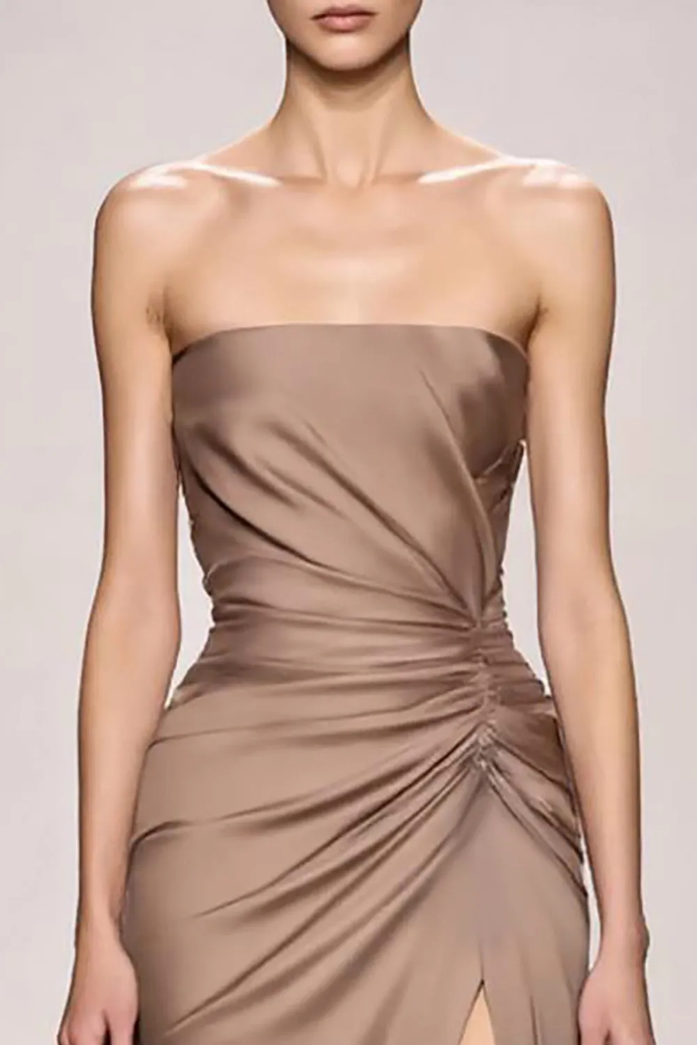 Champagne Strapless Ruched Satin Long Evening Dress with Slit sold by Zapaka product image thumbnail 3