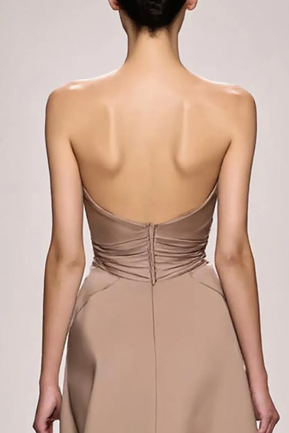Champagne Strapless Ruched Satin Long Evening Dress with Slit sold by Zapaka product image thumbnail 4