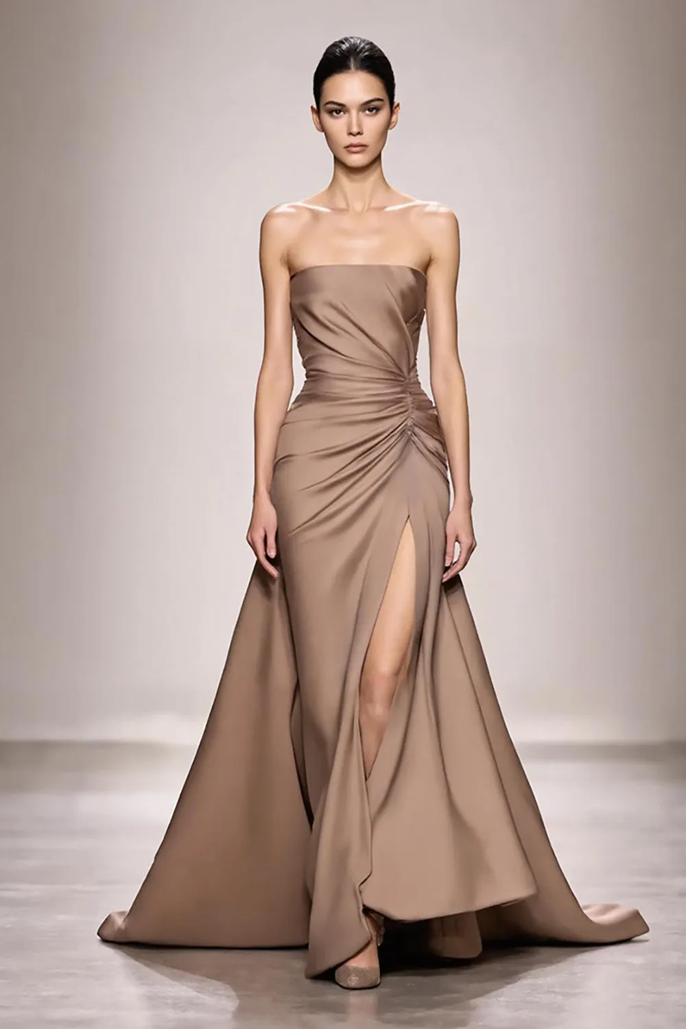 Champagne Strapless Ruched Satin Long Evening Dress with Slit sold by Zapaka