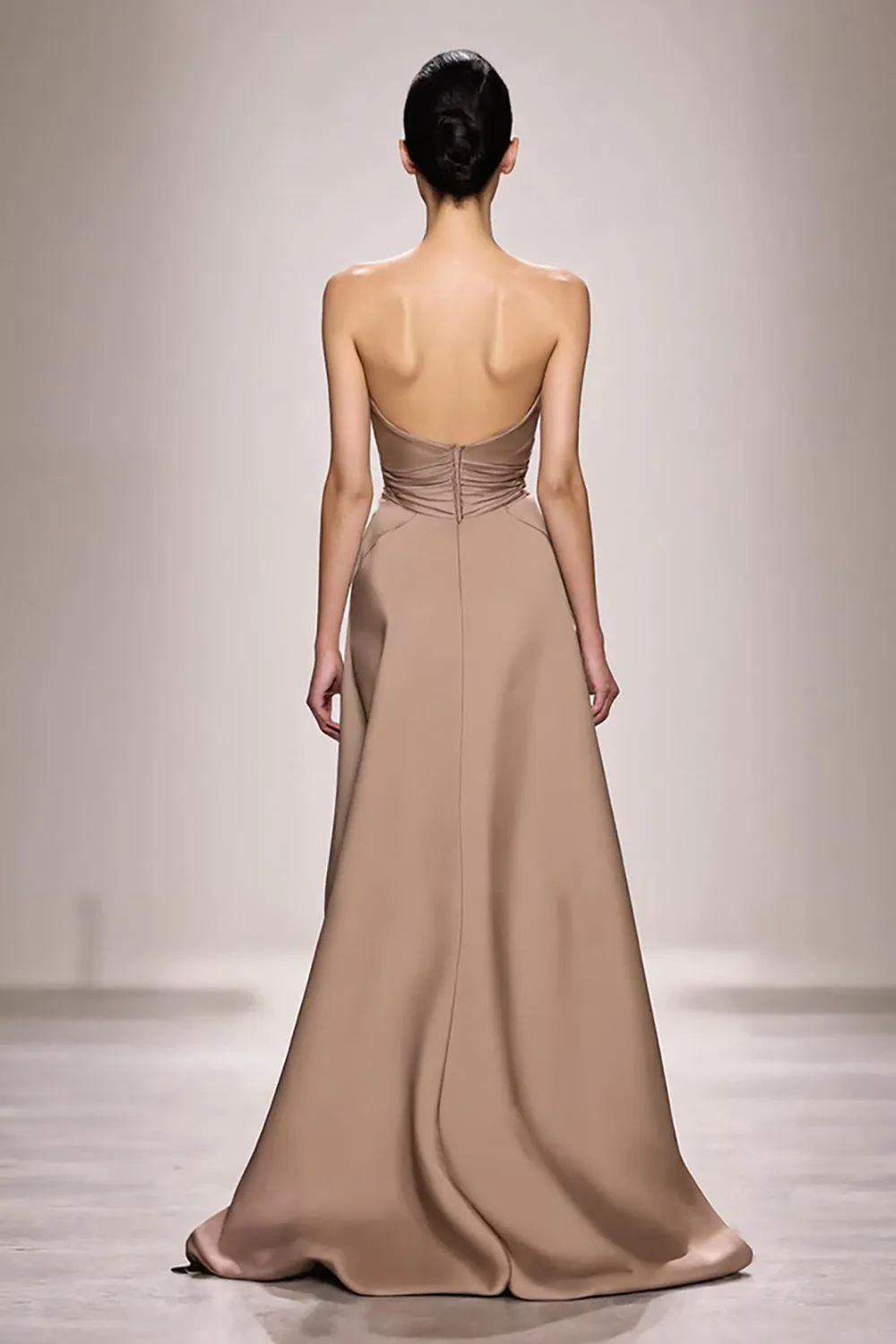 Champagne Strapless Ruched Satin Long Evening Dress with Slit sold by Zapaka product image thumbnail 2